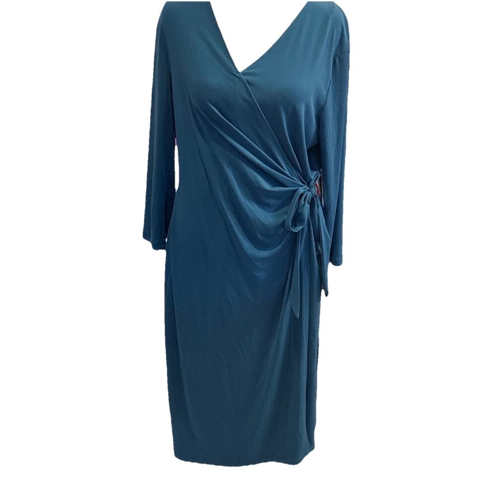 NWT Anne Klein Faux Wrap Blue 3/4 Sleeve Jersey Stretch Dress Women's Size M